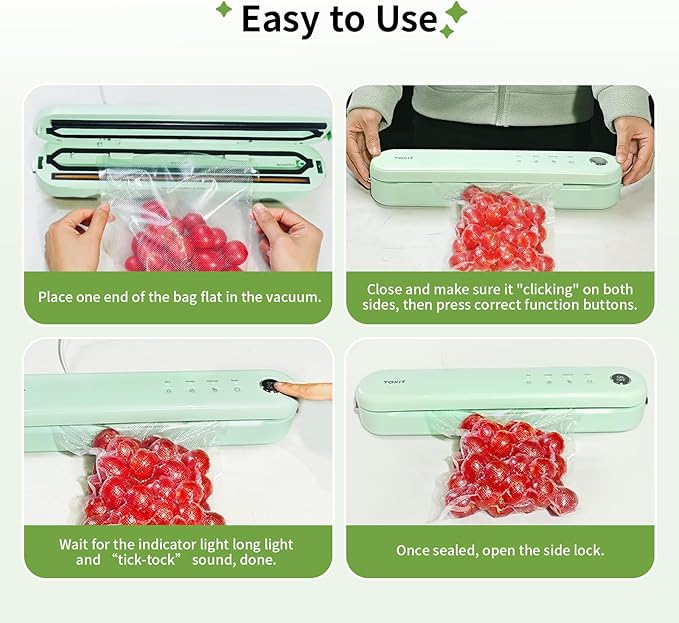 TOKIT Food Saver Vacuum Sealer Machine, 5-in-1 One-Touch Automatic with Dry, Moist, Manual Modes and External Vacuum System, Compact Small Design with 5 Vacuum Bags for Kitchen, Picnic, Travel, Green