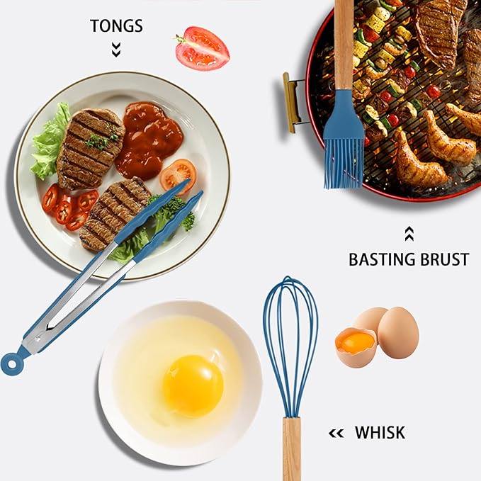 MIBOTE 17 Pcs Silicone Cooking Kitchen Utensils Set with Holder, Wooden Handles BPA Free Silicone Turner Tongs Spatula Spoon Kitchen Gadgets Utensil Set for Nonstick Cookware (Blue)