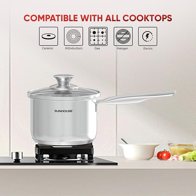 SUNHOUSE – 1.5 Quart Stainless Steel Sauce Pan with Lid - PFOA-FREE, High Stainless Steel Sauce Pan, Induction base, Stay-Cool Handle, Compatible with All Cooktops Gas, Geramic, Electric etc.