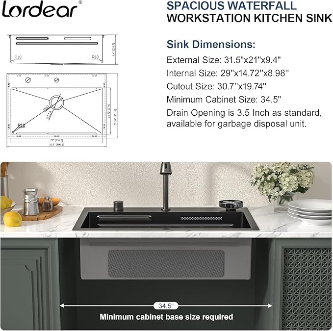 Lordear 31 Black Drop in Waterfall Kitchen Sink -31"x20" Drop In Kitchen Sink Ledge Workstation Gunmetal Black 16 Gauge Single Bowl Topmount Handmade Sinks with Pull Out Faucet