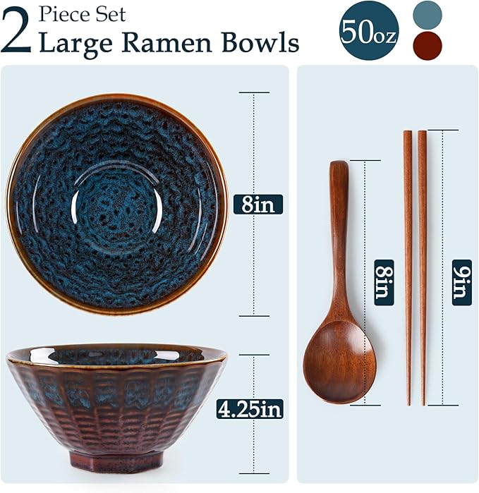 NUTRIUPS Ceramic Ramen Bowl Set of 2 Noodles Bowl with Chopsticks and Spoons, 50oz Large Ramen Bowl- Peacock Tail