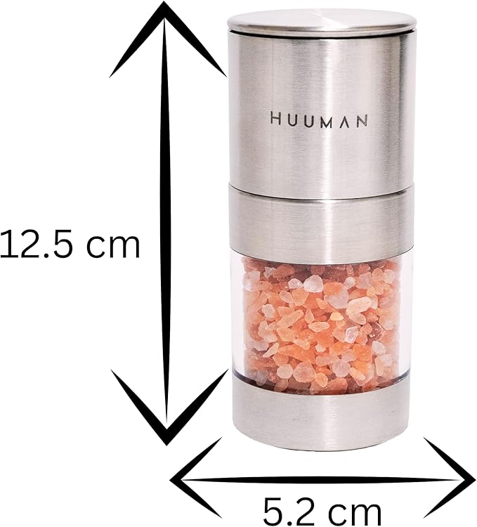 Huuman Salt or Pepper Grinder with Adjustable Coarseness Ceramic Burr, Stainless Steel Manual Salt or Pepper Grinder Perfect for Pink Himalayan Salt, Table Salt, Peppercorns, and Black or White Pepper