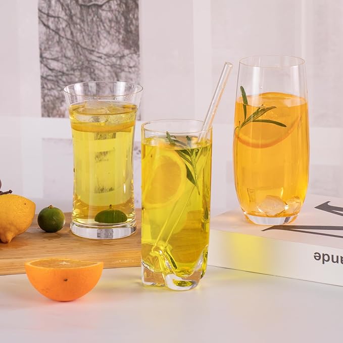 KAMMAK Drinking Glasses Set of 2, 15oz Crystal Water Glasses, Everyday Tall Glass Cups, Highball Glass for Cocktail, Juice, Mojito, Iced Tea, Kitchen and Bar Glassware Gifts, Collins Glasses