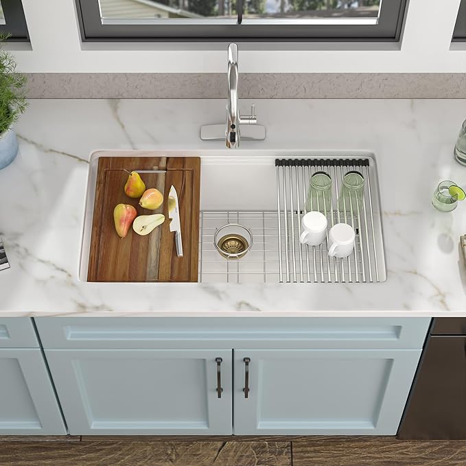 33 Granite Composite Kitchen Sink - Fulorni 33"x19" Kitchen Sink Undermount Ledge Workstation White Granite Quartz Composite Under Counter Single Bowl Sink Basin