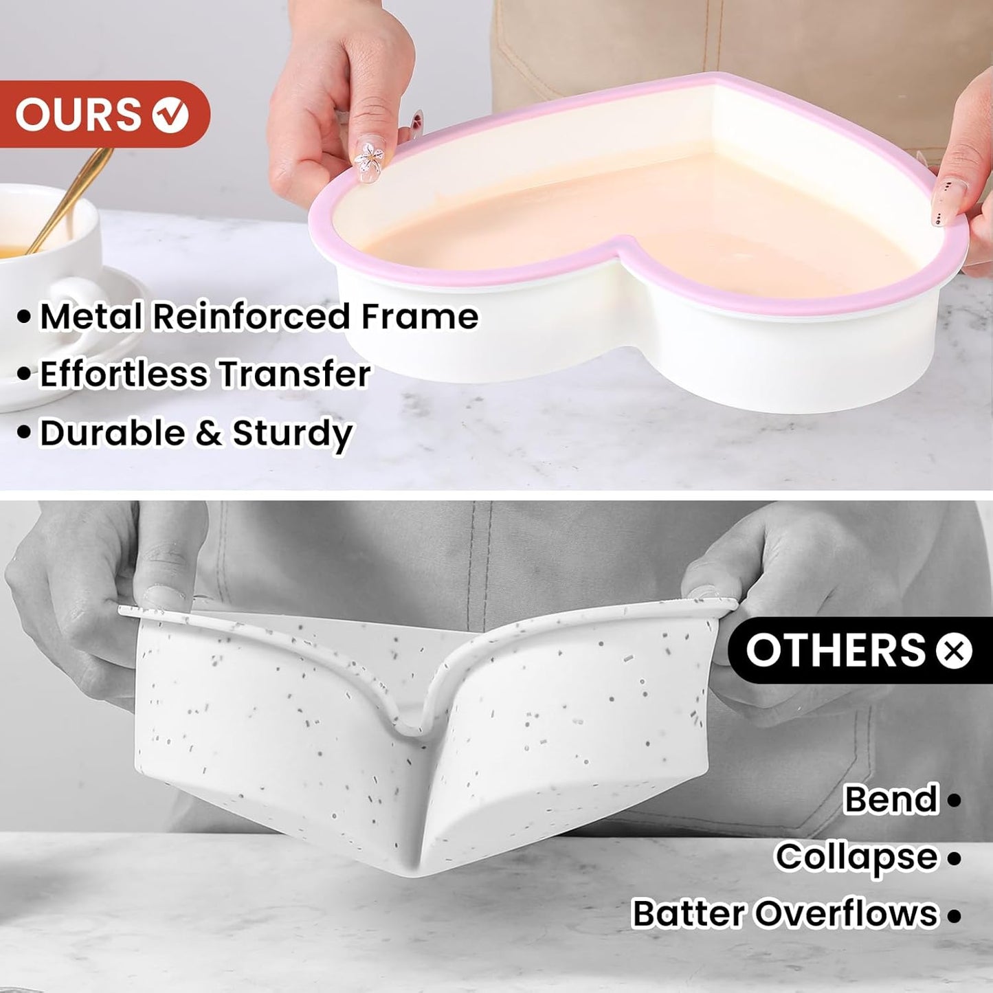 Silicone Heart Shaped Cake Pans with Metal Reinforced Frame, 10 Inch Heart Cake Pan, BPA Free Large Molds for Baking, Food Grade Silicone for Oven, Dishwasher (2 Pack)