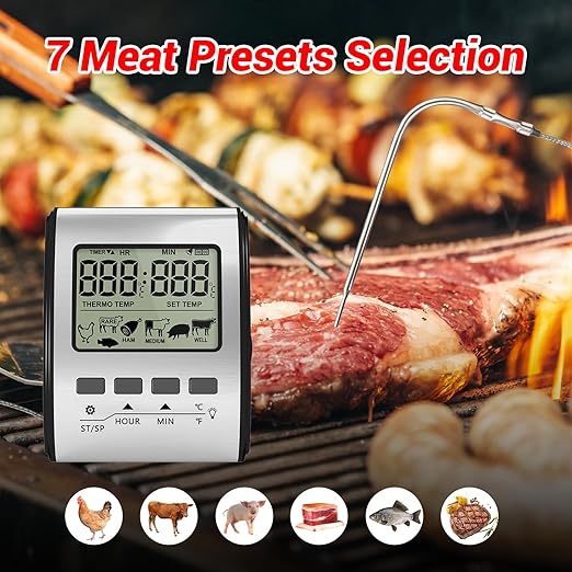 YFL Digital Meat Thermometer with Timer Mode and Backlight, Stainless Steel BBQ Food Thermometer, Premium Cooking Thermometer for Oven BBQ Grill Smoker Beef Turkey Camping & Kitchen Gadgets