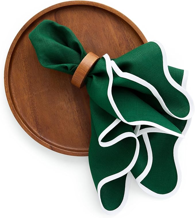 Solino Home Scallop Linen Cloth Napkins Set of 4-100% Pure Linen White and Christmas Green Dinner Napkins 20 x 20 Inch - Giselle Scallop Edge, Handcrafted and Machine Washable