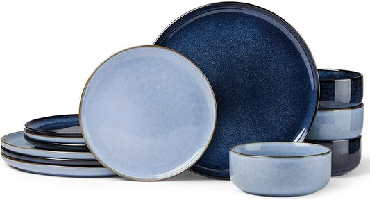 Herogo Stoneware Plates and Bowls Sets for 4, 12 Pieces Modern Dinnerware, Reactive Glaze Dishes Set for Kitchen, Chip Resistant, Microwave & Dishwasher Safe, Starry Blue & Haze Blue