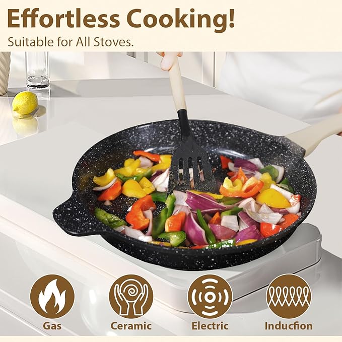 Romswi 23pcs Pots and Pans Set Non Stick, Kitchen Cookware Set with Casserole, Frying & Saucepans, Oven Safe & Stovetop Agnostic Non Toxic Cookware (Gas, Electric & Induction) - Black