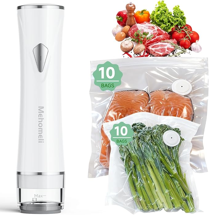 Compact Vacuum Sealer for Food (Vacuum Sealer Machine + 20 Reusable Vacuum Bags), Powerful Handheld Vacuum Sealer Machine, Seal Food 6X Fresh Longer, Portable & Wireless, Easy-Clean