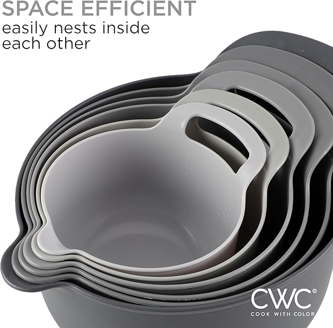 COOK WITH COLOR Nesting Plastic Mixing Bowl Set with Pour Spouts and Handles, Gray, 6 Piece Non-Slip