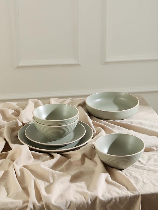 Stone Lain Lauren Stoneware, Rustic Plates and Bowls Set, Dinnerware, Service for 4, Speckled Green, Dishwasher & Microwave Safe, 16-Piece