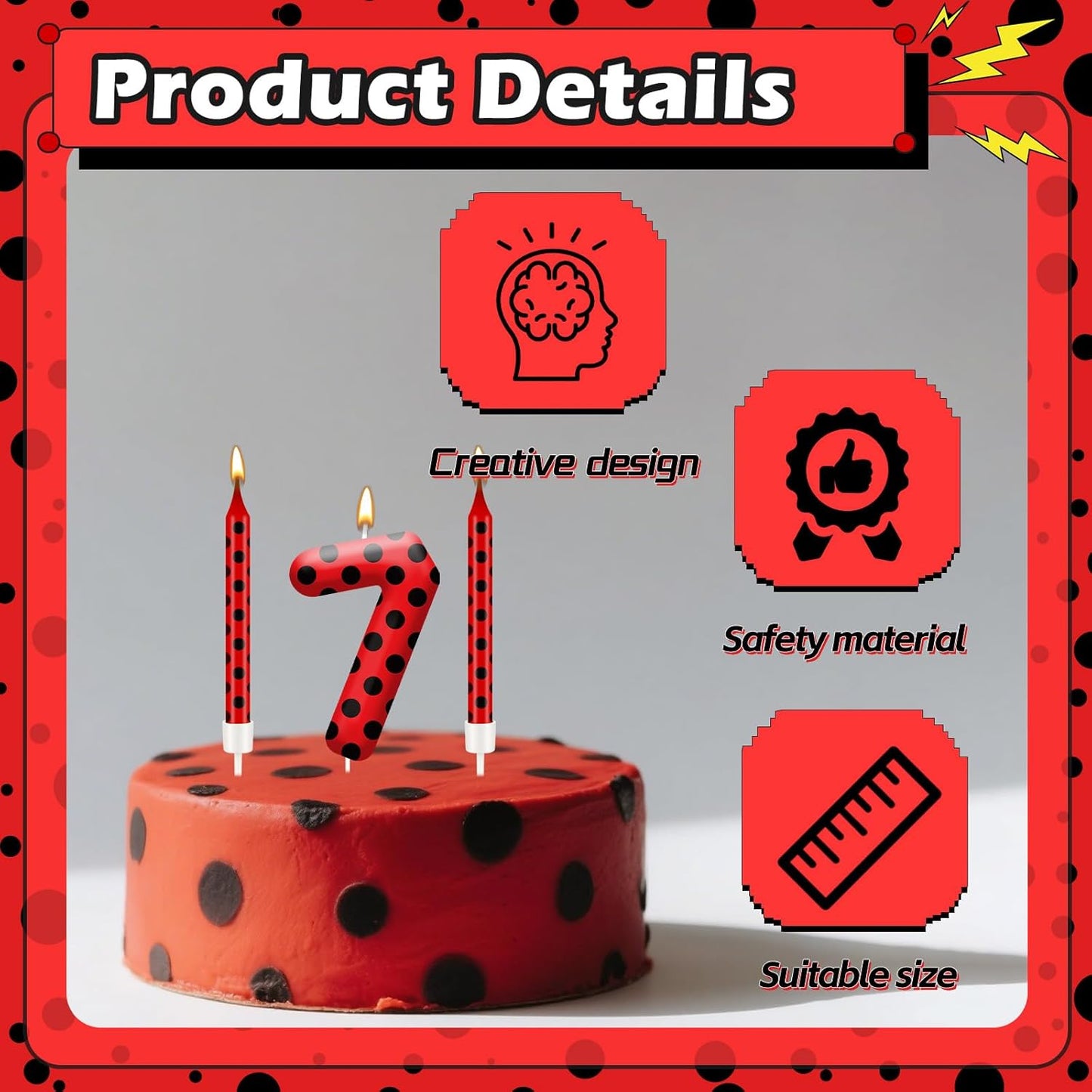 13PCS Ladybug Theme Birthday Candles Set - Red & Black Polka Dot Decorative Candles for Kids Ladybug Themed Parties, Baby Showers, Birthday Cakes, and Ladybird Inspired Celebrations(Number 7)