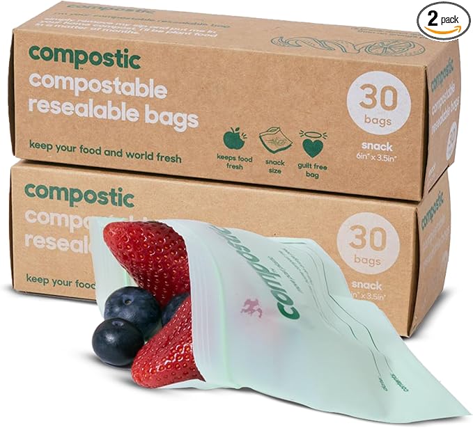 Compostic Home Compostable Resealable Snack Bags (6"x 3.5"), Microwave & Freezer Safe, Organic Food Storage Container, 30 Count (Pack of 2)