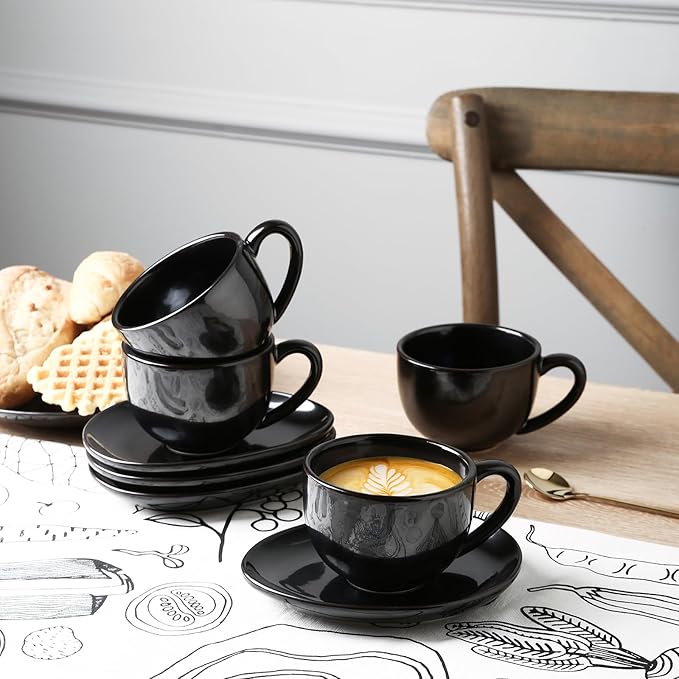 vicrays 6.5 oz Cappuccino Cups with Saucers, Set of 4, Ceramic Coffee Cup for Au Lait, Double shot, Latte, Cafe Mocha, Tea (Black)