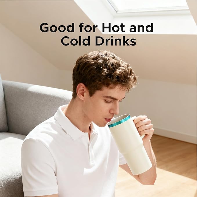 OMTech 40 oz. Tumblers with Handle & Lid, 12 Pack Tumbler Bulk with Double Wall Vacuum Insulation, Food-Grade Stainless Steel Insulated Coffee Mug, Sweatproof Travel Mug for Hot Cold Drinks, Cream