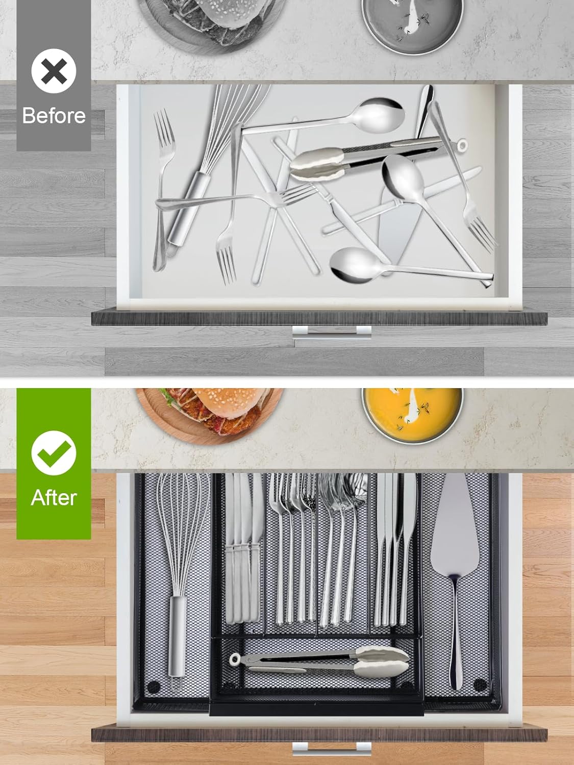 Silverware Organizer Metal Mesh, Drawer Organizer, Utensil Cutlery Tray for kitchen drawers,Expandable Flatware Organizer with 7 Compartment Black 9.4"~17.3" x 13.7"