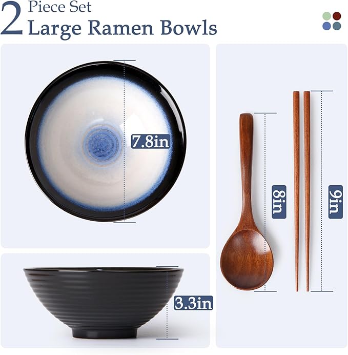 NUTRIUPS 8 Inch Ceramic Ramen Bowl Set of 2 Pho Bowls 40oz Japanese Noodle Udon Soup Bowls with Spoons and Chopsticks (Moon Blue)