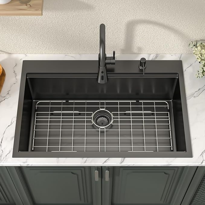 Lordear 33 Drop In Kitchen Sink Matte Black - 33X22 Inch Drop In Sinks Ledge Workstation Black 16 Gauge Stainless Steel Single Bowl Topmount Kitchen Sink Basin with Built- in Accessories
