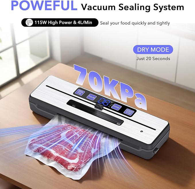 Food Saver Vacuum Sealer Machine + 30 Vacuum Bags, 7-in-1 Multi-Functional Vacuum Sealer, Food Sealer for Freshness Storage, with Dry & Moist Food Modes, Double Heat Seal, Built-in Cutter, Silver