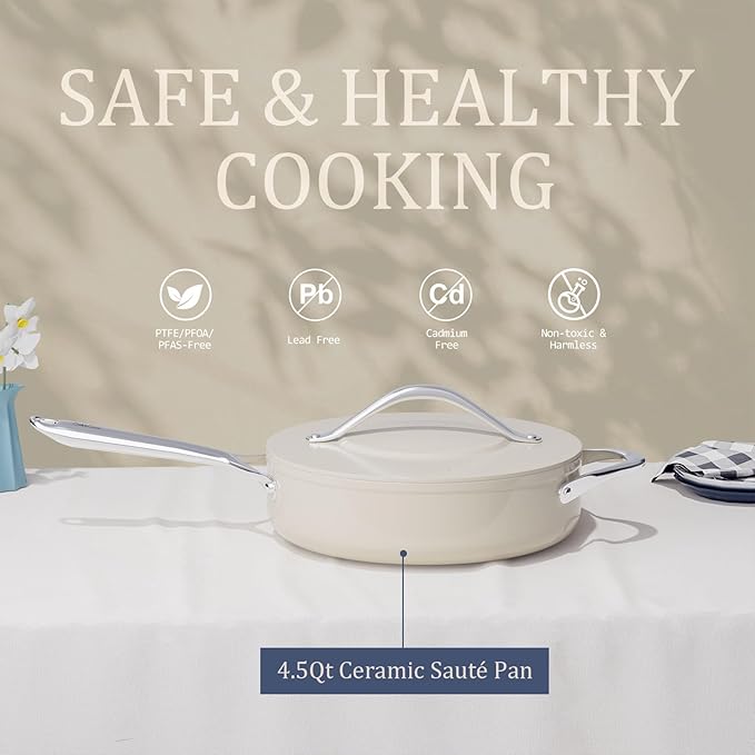 Nonstick Ceramic Sauté Pan with Lid (4.5 qt, 11") Deep Frying Pan for All Cooktops Non Toxic Skillet PTFE/PFOA/PFAS Free, Even Heat Distribution, Oven Safe w/Stay-Cool Handle, Cream