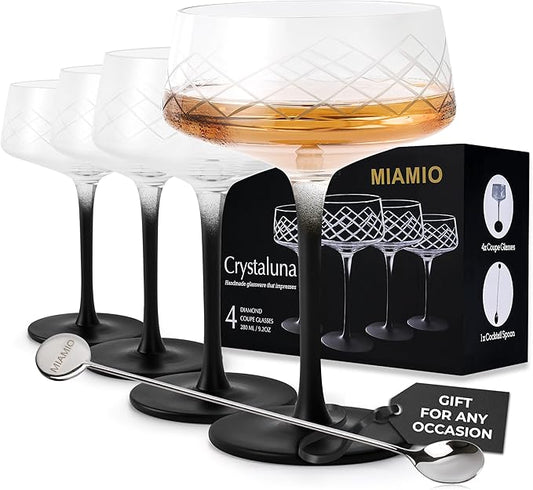MIAMIO – 9.5 Oz Coupe Glasses Set of 4 with Bar Spoon, Handblown Crystal Cocktail Glasses with Black Stem, Cocktail Glasses, Vodka Martini Glasses, Champagne Coupe Glasses – Crystaluna Collection