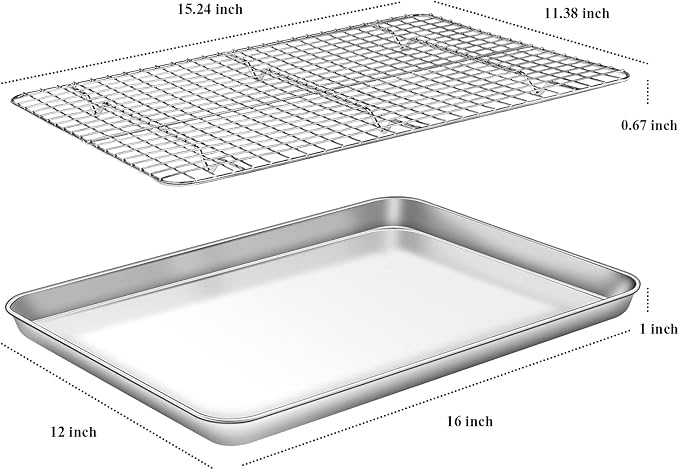 Baking Sheet with Cooling Rack Set [2 Sheets + 2 Racks], Deedro Stainless Steel Cookie Half Sheets Baking Pan Oven Tray with Rack, 16 x 12 x 1 Inch, Heavy Duty, Non-toxic, Dishwasher Safe