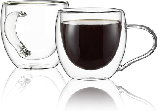 CNGLASS Double Wall Glass Coffee Mugs with Handle,10oz Clear Insulated Glass Espresso Cups for Hot and Cold Beverages,Latte,Cappuccino,Set of 2