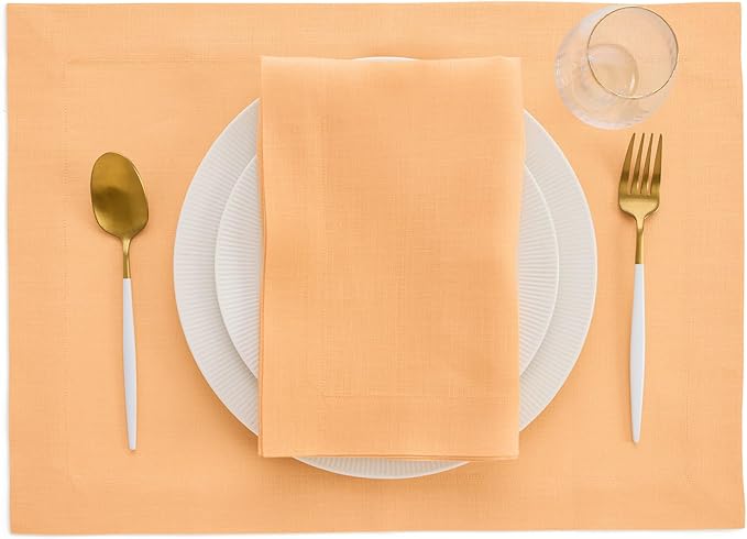 Solino Home Linen Cloth Placemats Set of 4-100% Pure Linen Peach Placemats 14 x 19 Inch - Fete