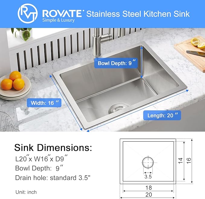 ROVATE 20 inch Kitchen Sink Undermount Single Bowl, Bar or Kitchen Sink Handmade, 304 Stainless Steel Kitchen Sinks with Strainer