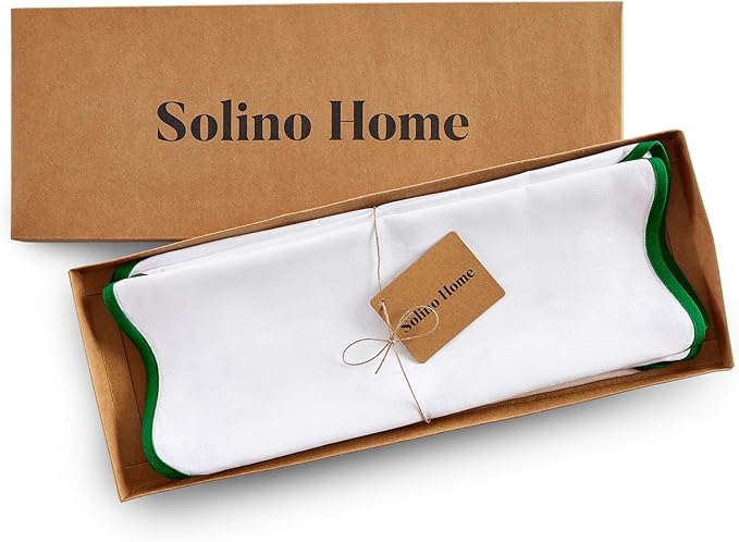 Solino Home Linen Scallop Cloth Placemats Set of 4-100% Pure Linen Garden Green and White Round Placemats 16 Inch for Thanksgiving, Christmas - Giselle Scallop Edge, Handcrafted and Machine Washable