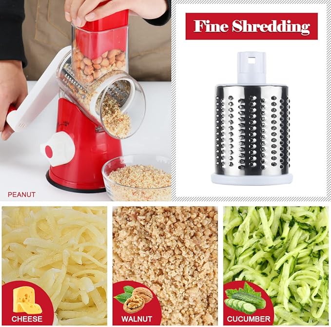 Ourokhome Rotary Cheese Grater Hand Crank, Kitchen Shredder Speed Mandolin Slicer Nut Grinder with Handle and Drum Blades for Cheese, Vegetable, Walnut, Chocolate, Potato, Carrot, 3 Blades, Red