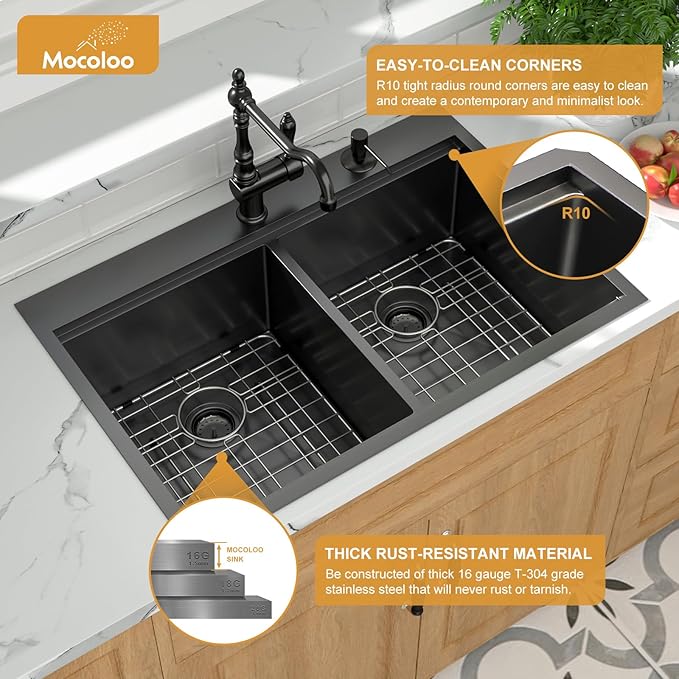 Mocoloo Black Drop In Kitchen Sink - 50/50 Black Drop In Double Bowl NANO-PVD 16 Gauge Stainless Steel Topmount Kitchen Sinks Handmade, 33''x22''x10''