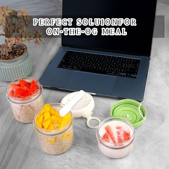 2 Pack Overnight Oats Containers with Lids, Folding Spoons 26 oz Plastic Mason Jars Containers with Lids Portable Cereal and Milk Container on The Go (White and green Oatmeal Cup)