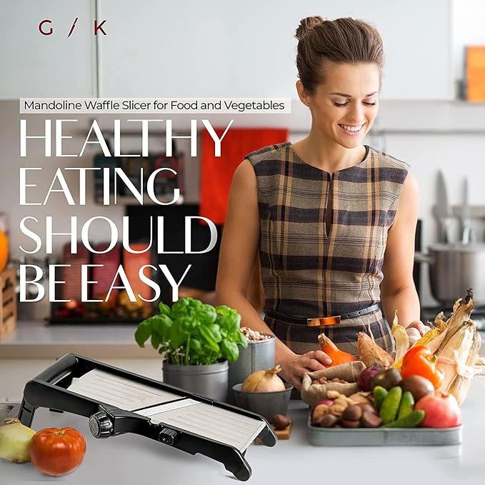 Gramercy Adjustable Mandoline Slicer for Kitchen, Potato Cutter, Vegetable Chopper, Mandolin, Cucumber Slicer- INCLUDING one Pair Cut-Resistant Gloves and Waffle Fry Cutter