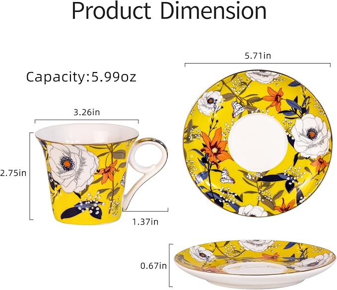 KAMMAK Tea Cups and Saucers Set of 2, Reinforced Porcelain Coffee Cups, 5.7-Ounce Stackable Espresso Mugs, Ceramic Demitasse for Coffee, Cappuccino, Latte, Americano, Tea, Coral + Bee Flower