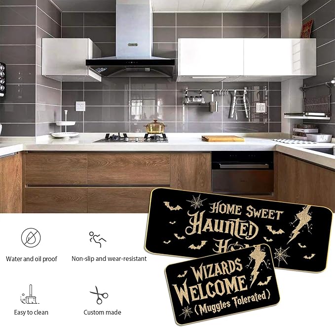 Halloween Kitchen Mat Set, 17"x29"and17 x47 Non-Slip Floor Rugs with “Wizards Welcome Muggles Tolerated” and “Home Sweet Haunted Home” Designs, Indoor Outdoor Spooky Halloween Decor