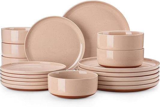 MALACASA Plates and Bowls Sets, 18 Pieces Modern Ceramic Dinnerware Set for 6 Kitchen Dinner Set Stoneware Dishware Dishes Set Microwave and Dishwasher Safe, Pink, Series TARA