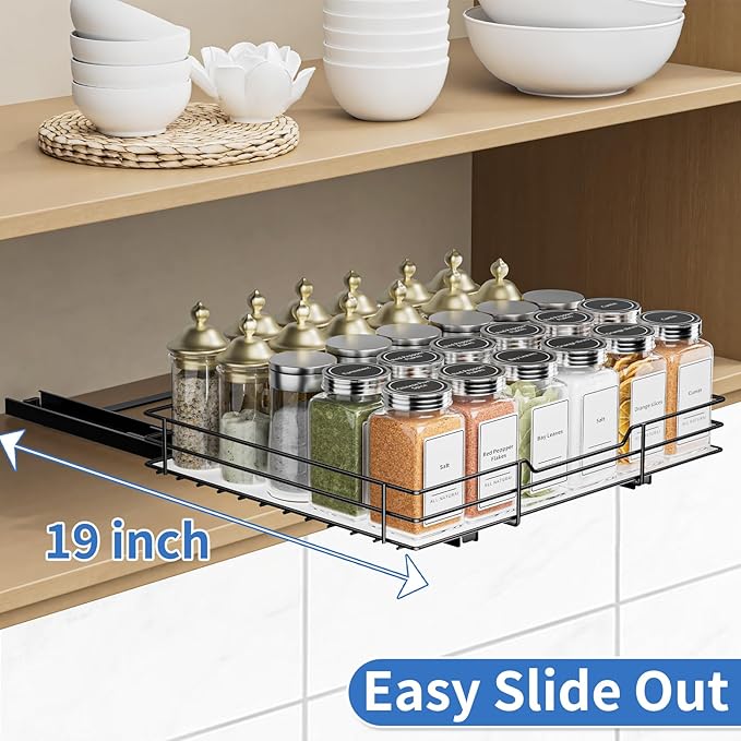 Spice Rack Organizer for Cabinet, 1 Tier Pull Out Spice Rack, Spice Organizer for Cabinet, Kitchen and Pantry, Fits Spices, Sauces, Canned Food (12.5''Wx10.5''Dx2.5''H)