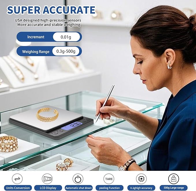 Small Gram Scale, Digital Kitchen Food Scale for Food Ounces and Grams, 500g by 0.01g Accurate, MEIYA Multifunction Digital Scale for Jewelry/Baking etc. 9 Units, Tare Function, 2 Trays, with Battery