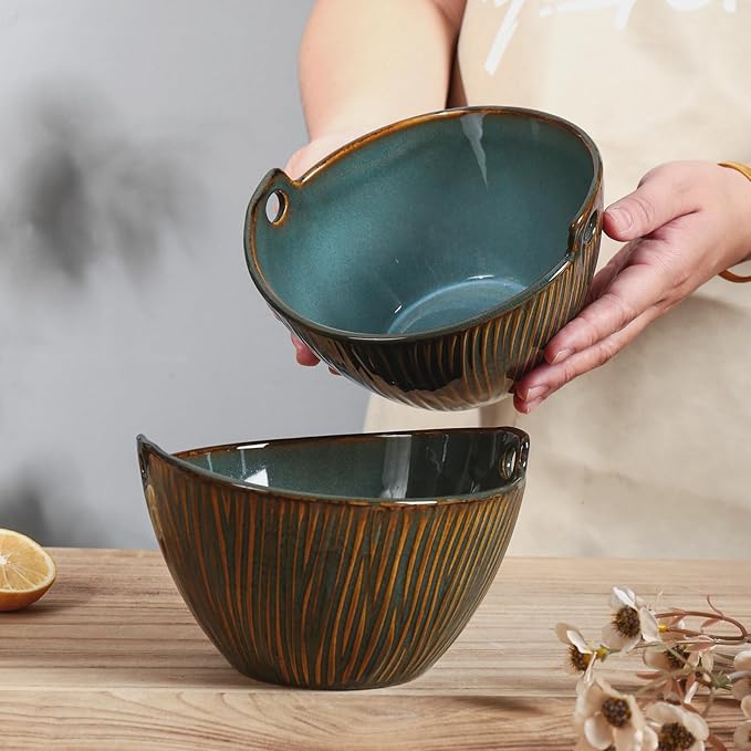 Ceramic Ramen Bowl with Chopsticks and Spoons Set, 6.7 Inch Noodle Bowl Set for Pho Udon Soba, Set of 2 (Ocean Blue)