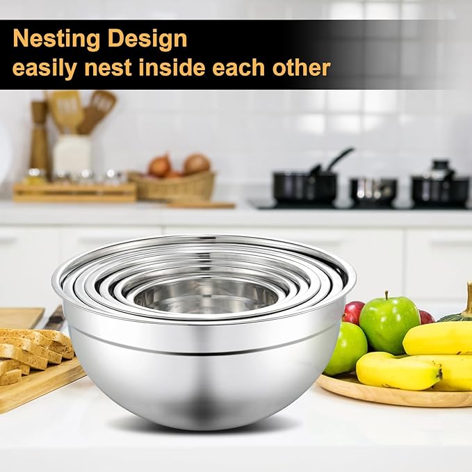 7 Piece Mixing Bowl Set, Mixing Bowls with Lid, Stainless Steel Mixing Bowls for Baking, Size 0.7, 1.1, 1.5, 2.1, 3.5, 4, 4.5QT, Baking Bowl for Food Preparation, Mixing and Serving Foods