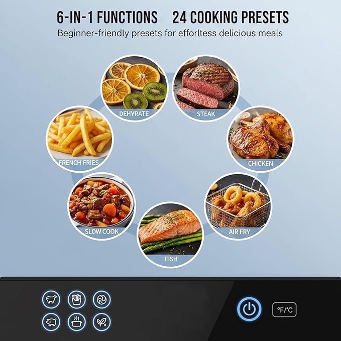 7.4QT Air Fryer with Glass Bowl, Visible Window Lid, Digital Control, 360° Rapid Air Circulation, for Healthy Oil-Free Cooking & Baking, Dishwasher Safe, Nonstick, Easy Clean (White)