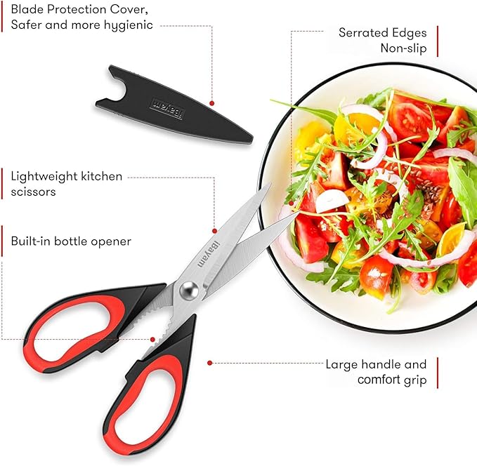 iBayam 3-Pack 8.5"Kitchen Scissors All Purpose Heavy Duty with Protective Sheath, Soft Grip Comfort Handle, Dishwasher Safe Kitchen Utensils Gadgets Set, Stainless Cooking Meat Poultry Food Shears