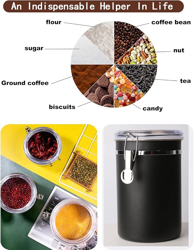 Stainless Steel Food Container with Clear Lids Airtight Container Stackable Small Canisters Kitchen Pantry Storage for Cereal, Snacks, Candy, Herbs, Spices, Sugar, Tea (1.8L Dark Black-2)