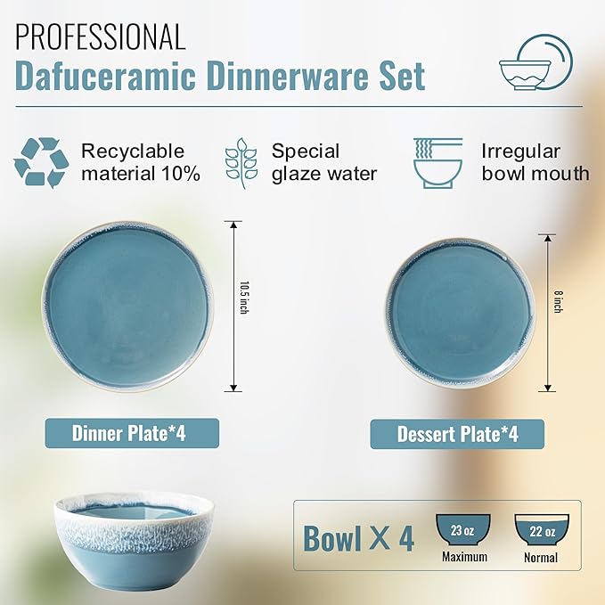 Plates and Bowls Sets, 12 Pieces Blue Dinnerware Sets for Kitchen, Reactive Glaze Dishes Set for 4, Dishwasher and Microwave Safe, Series Starflecked Shore (Blue)