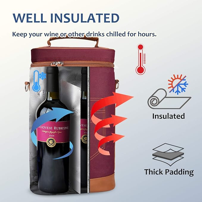 Tirrinia 2 Bottle Wine Gift Tote Carrier - Leakproof & Insulated Padded Versatile Wine Cooler Bag for Travel, BYOB Restaurant, Wine Tasting, Party, Dinner, Gift for Wine Lovers, Red