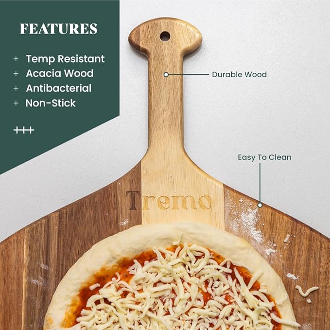 Wooden Pizza Peel - Versatile Pizza Holder - Reliable and Durable Pizza Paddle - Pizza Making Accessories - 19.7 in x 12.6 inches Acacia Wood Pizza Peel by Tremo