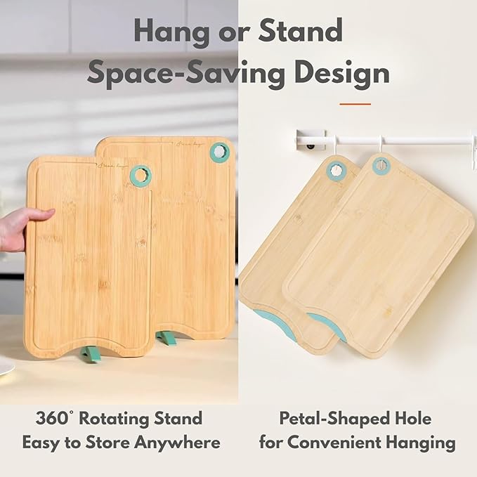 Aged Bamboo Cutting Board for Kitchen, Double-Sided Reversible with Juice Groove, Thick Durable, Standing Design for Fruits Meat Vegetables, Set of 2