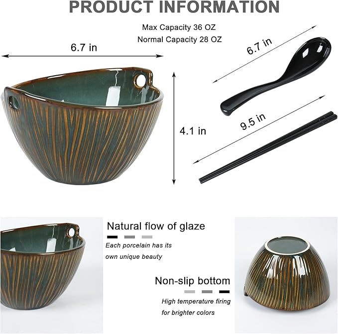 Ceramic Ramen Bowl with Chopsticks and Spoons Set, 6.7 Inch Noodle Bowl Set for Pho Udon Soba, Set of 2 (Ocean Blue)